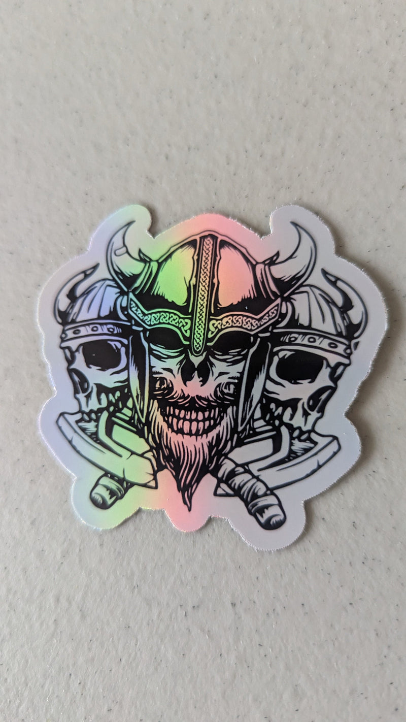 Triple Skull Viking Sticker – Norse Warrior Skull Decal with Axes and Beard | Nordic Pagan Gift for Laptop, Water Bottle, or Notebook