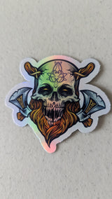 Colorful Viking Skull Sticker with Axe and Beard – Norse Pagan Warrior Decal for Laptop, Water Bottle, or Journal | Nordic Gift Idea