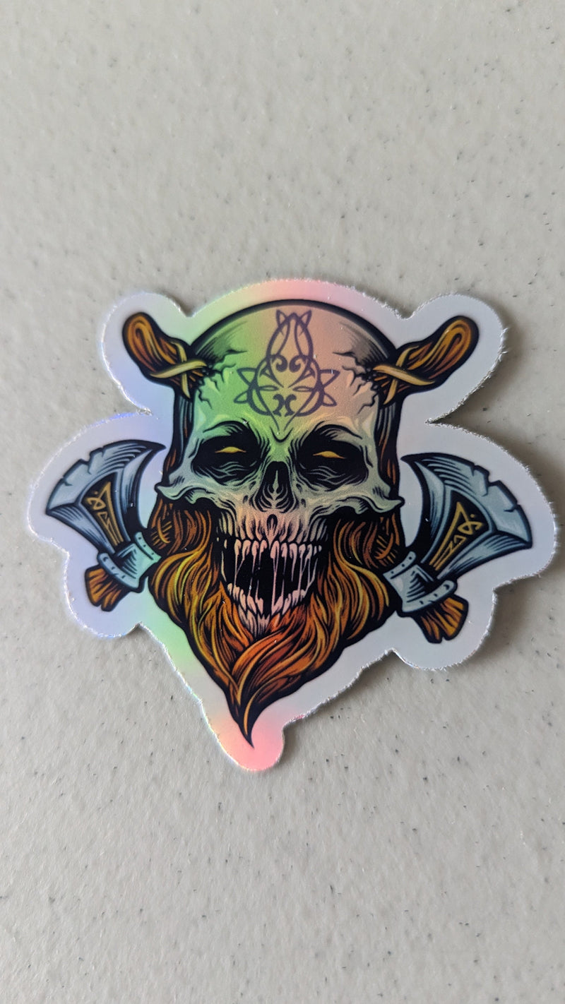 Colorful Viking Skull Sticker with Axe and Beard – Norse Pagan Warrior Decal for Laptop, Water Bottle, or Journal | Nordic Gift Idea