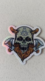 Colorful Viking Skull Sticker with Axe and Beard – Norse Pagan Warrior Decal for Laptop, Water Bottle, or Journal | Nordic Gift Idea