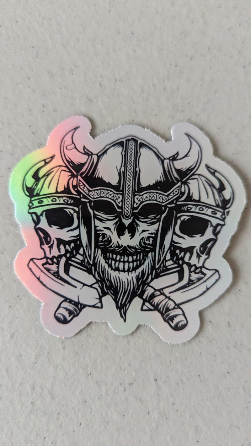 Triple Skull Viking Sticker – Norse Warrior Skull Decal with Axes and Beard | Nordic Pagan Gift for Laptop, Water Bottle, or Notebook